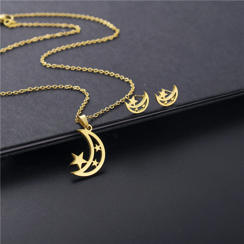 Star Moon Set Stainless Steel Hollow Star Moon Necklace Earrings Three-piece Clavicle Chain display picture 3