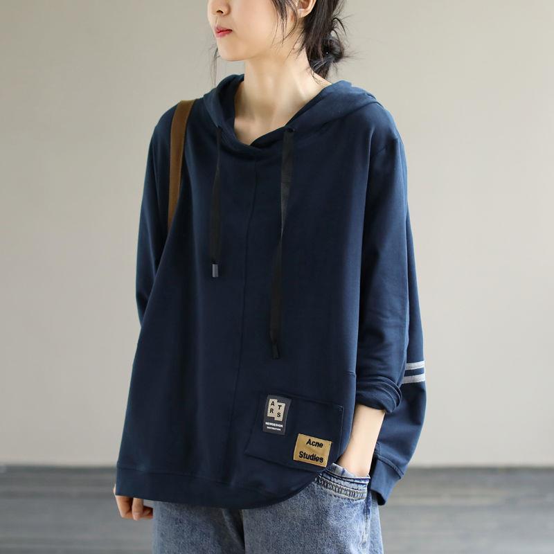 Plus size hooded sweater for women 2023 Spring and Autumn new artistic loose casual patch long-sleeved top for women