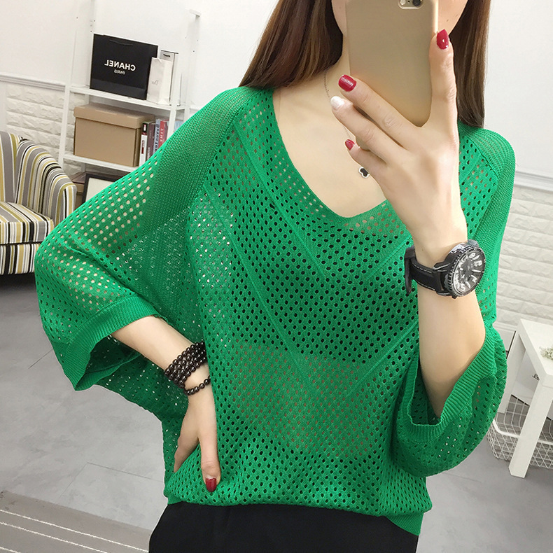 Summer 2024 New V-neck Hollow-out Batwing Sleeve Thin Short-sleeved T-shirt Women's Blouse Solid Color Loose Large Size All-match Top