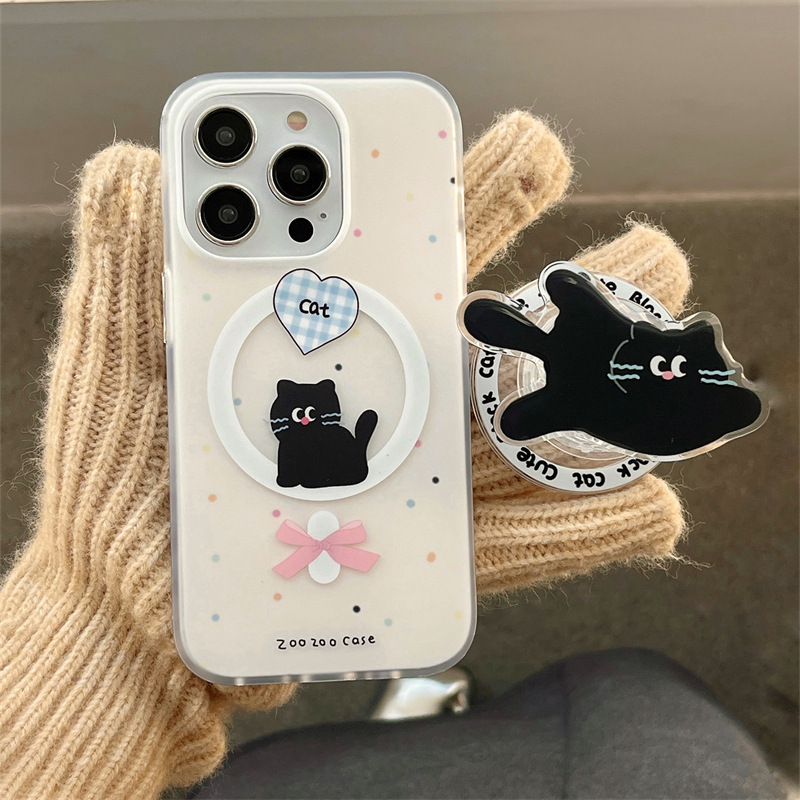 磁吸蝴蝶結波點小黑貓適用iphone15Promax蘋果14手機殼13支架12女