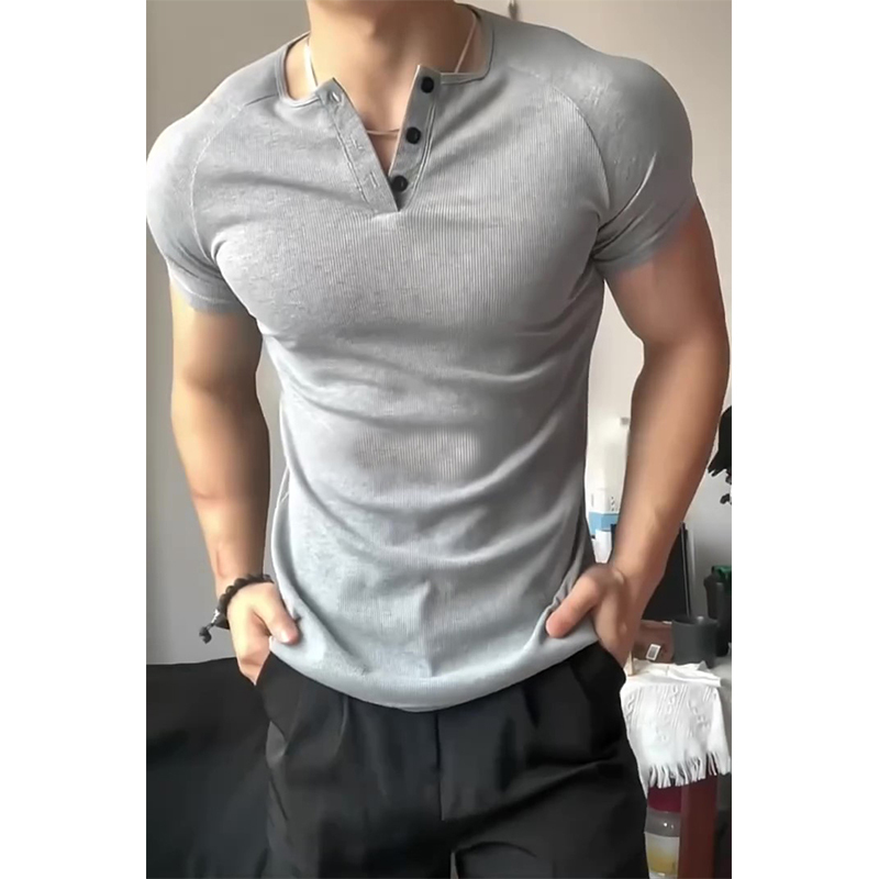 Floral Gray Slim Fit Waist-Cinching Henley Short Sleeve Men's Summer Ice Silk American Style Muscle-Showing T-Shirt Fitness Base Shirt