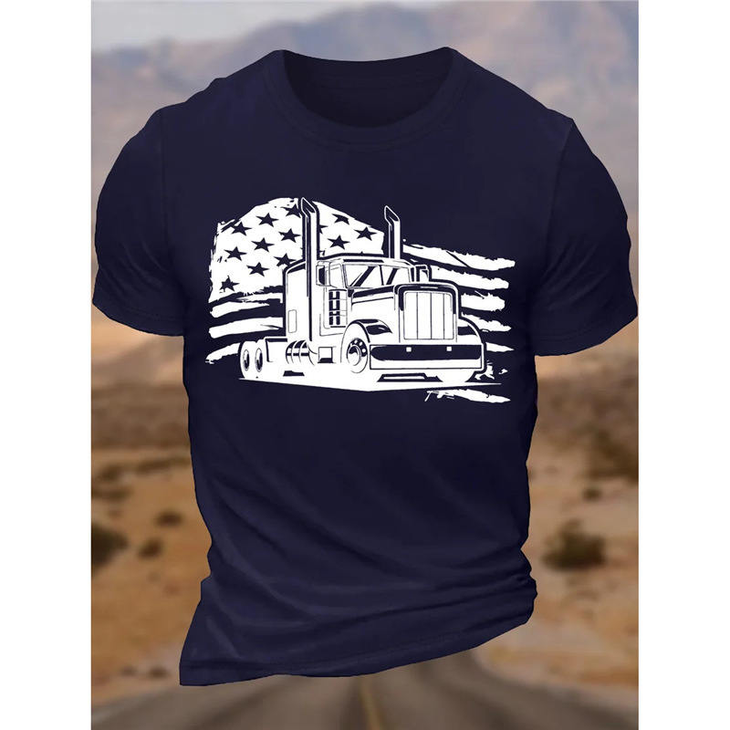 Foreign Trade Cross-border European and American European Code plus size Men's Flag Truck Driver Funny Round Neck Casual Cotton Letter T-shirt