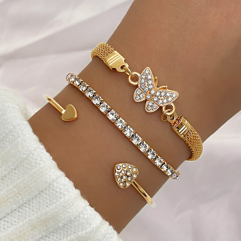 Europe and the United States cross-border diamond love open bracelet light luxury creative butterfly pendant retro bracelet suit 3 wholesale