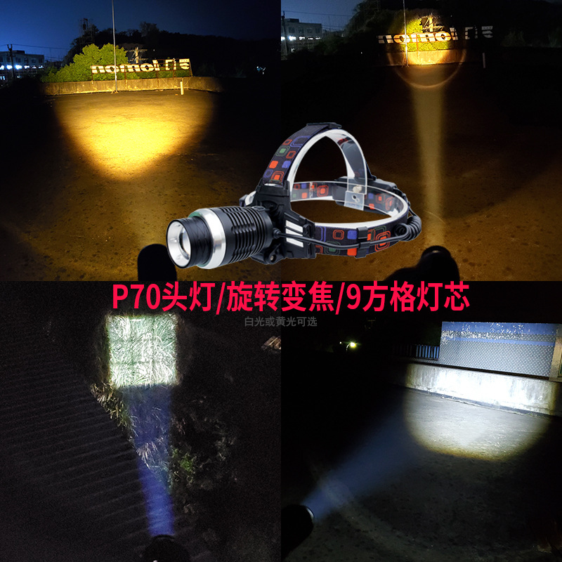 Transfronterizos P70 luz amarilla al aire libre lámpara de iluminación montada en la cabeza recargable tipo C equipo de luz de pesca nocturna recargable