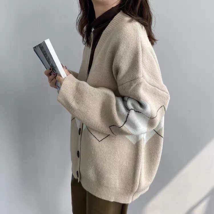 Otoño nuevo estilo británico diamante plaid suéter abrigo de las mujeres sueltas adelgazamiento v-cuello botón medio-longitud de punto cardigan