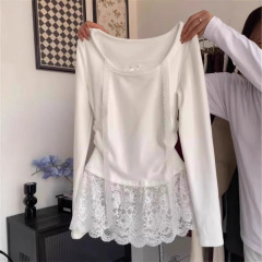 偽の2つのレースは長袖のtシャツの女性の春と秋の2025の新型の中で底のシャツを掛けて身を修めて上着を重ねます。