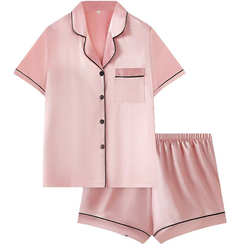 跨境外贸Nightwear简约气质百搭女舒适短袖衬衫家居服短裤套装|undefined