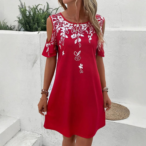 European and American women's short-sleeved minimalist off-shoulder dress, slimming and figure-flattering elegant skirt.