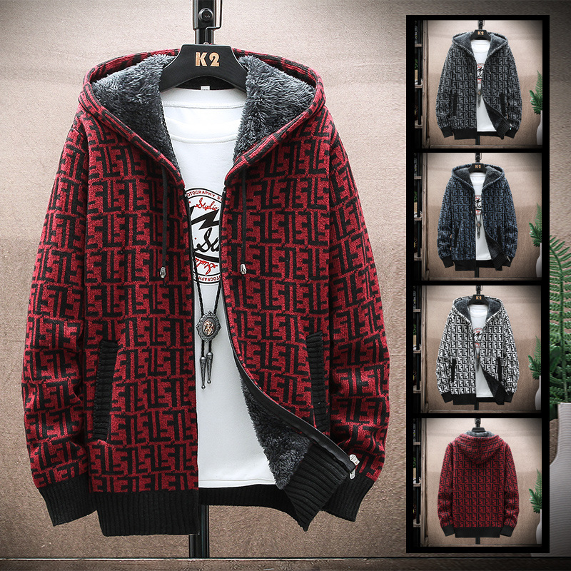 Cross-border 2021 autumn and winter foreign trade Men's fleece-lined cardigan sweater European and American casual hooded thickened warm knitted jacket