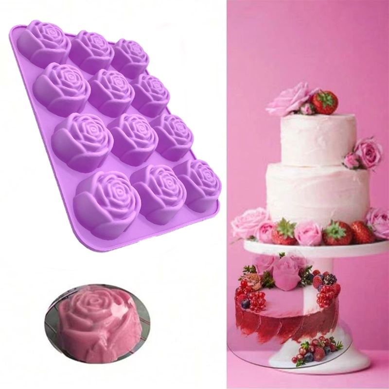 硅胶12孔玫瑰花蛋糕模具 布丁巧克力糖葫芦膜具花型手工皂模具