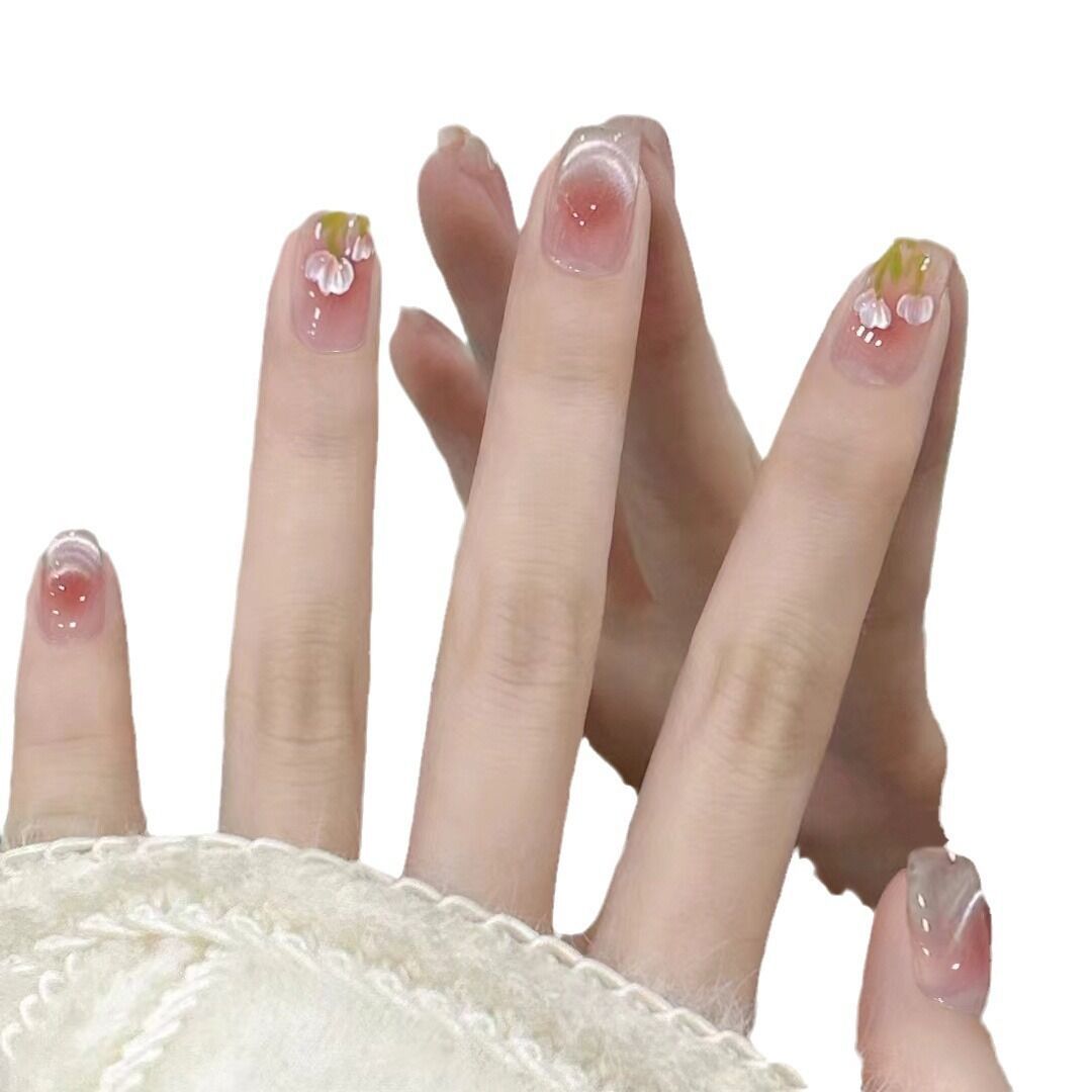 10 piezas para usar uñas de ojo de gato estereoscópico Tulipan blush corto francés prefabricado parche de manicura desmontable