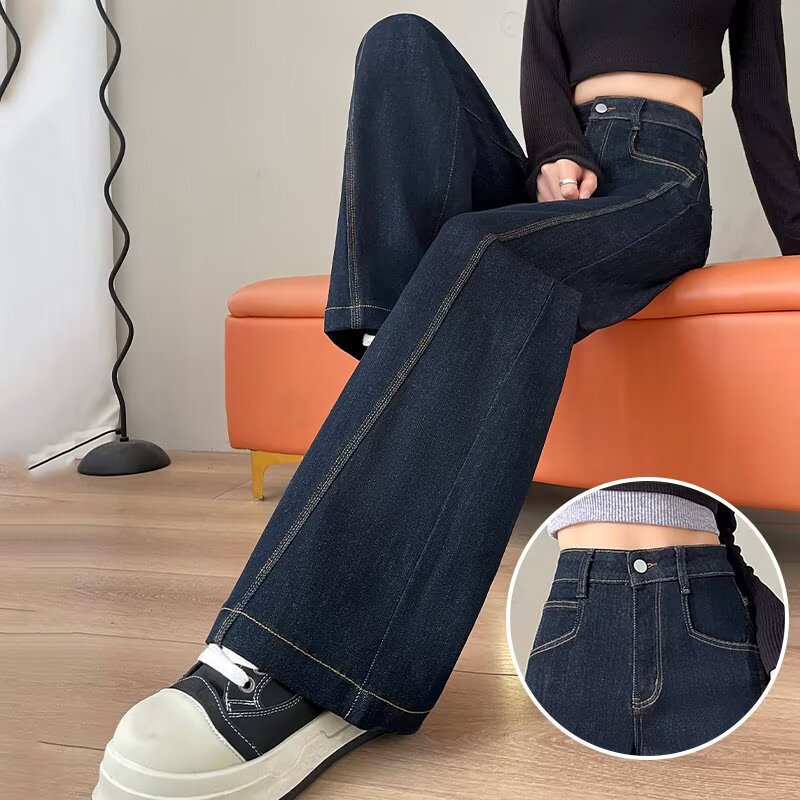 Dark Blue Stretch Wide-Leg Jeans for Women, 2026 Autumn and Winter New Style, High-Waisted, Slimming, Loose, Figure-Flattering, Floor-Length Straight Pants Dark Blue Stretch Wide-Leg Jeans for Women, 2026 Autumn and Winter New Style, High-Waisted, Slimming, Loose, Figure-Flattering, Floor-Length Straight Pants