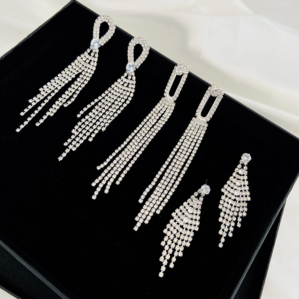 Exaggerated Tassel Rhinestone Drop Earrings For Women Elegant Style_voghion.com