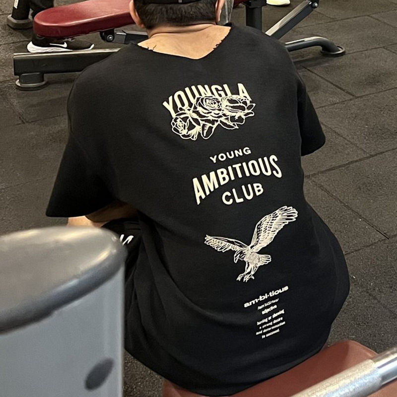 YOUNGLA Camiseta de gran tamaño para hombre, tela de felpa con estampado de felpa, deportes, fitness, moda de manga corta, ropa deportiva casual