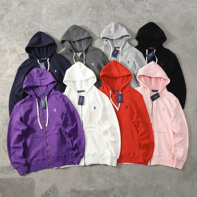 High-Quality Cross-Border Export Eight-Color Rl Fleece Embroidered Logo Hooded Zipper Jacket Sweatshirt for Men and Women