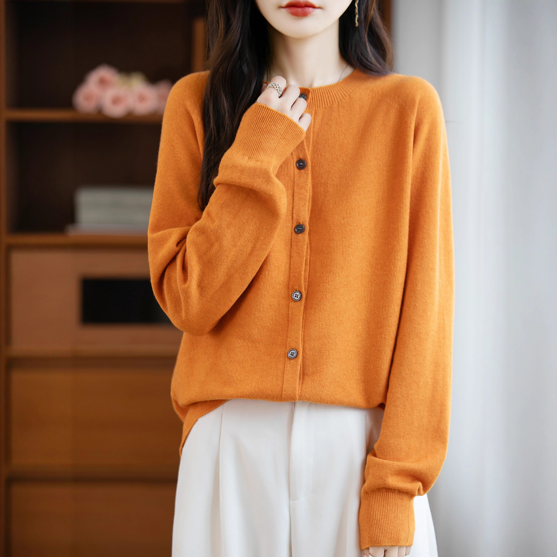 秋冬新款圆领长袖开衫安迪绒针织衫女时尚宽松内搭打底毛衣女批发