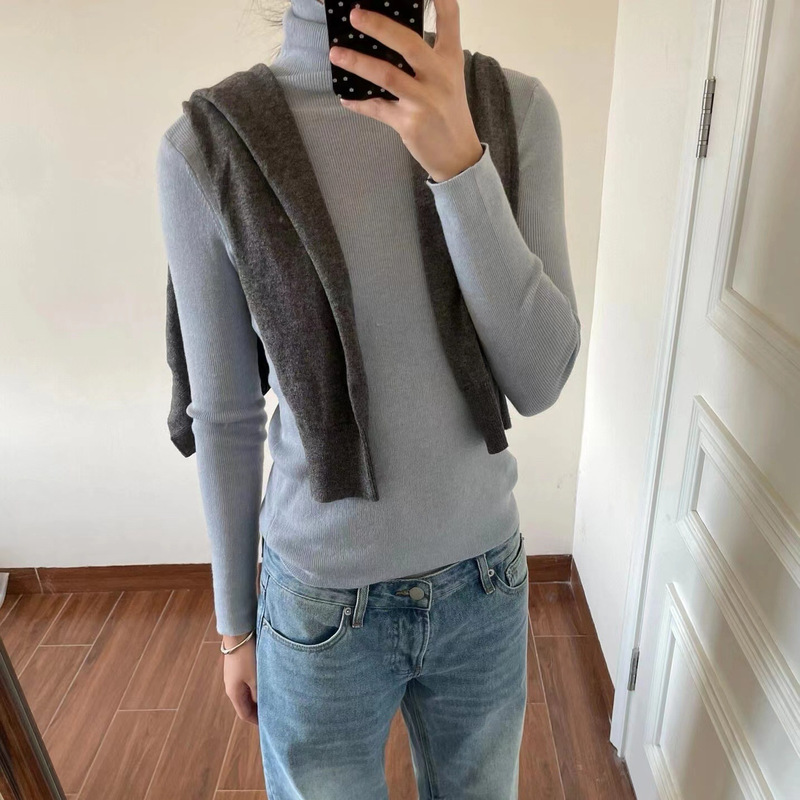 Cos Style Cashmere Nude Knitted Bottoming Knitwear for Women in Autumn and Winter Super Comfortable Right Shoulder Slim High Collar Stretch Knitwear