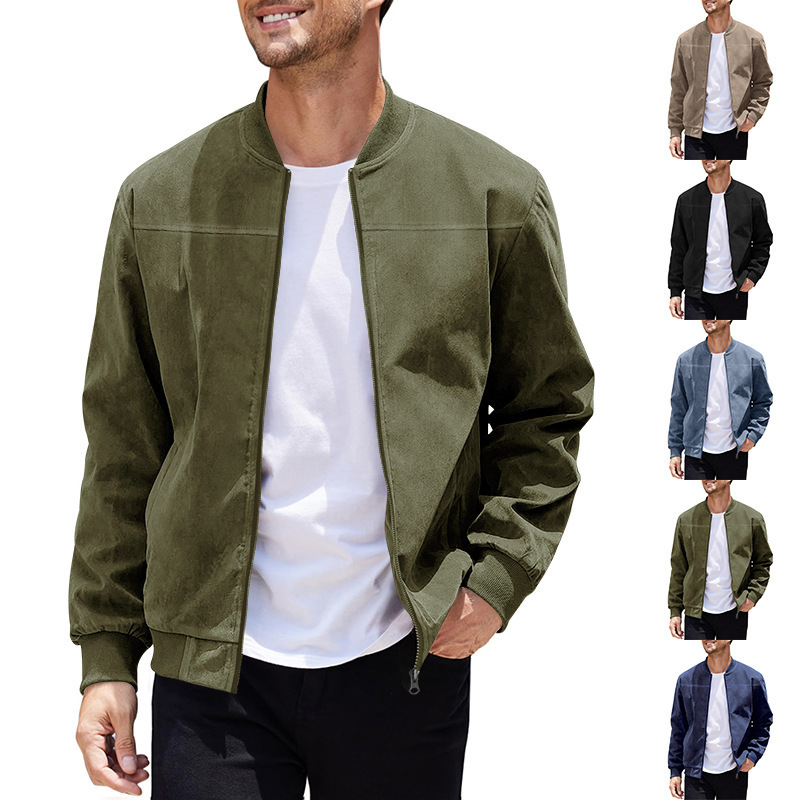 Cross-Border European and American Spring and Autumn Men's New Suede Warm Zipper Stand Collar Business Sports Jacket Men's Style