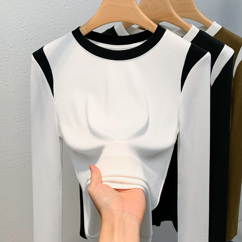 Camisa de fondo de hilo de mujer 2023 nueva ropa de mujer europea contraste color cuello redondo manga larga Camiseta cintura-apretado interior estilo occidental superior