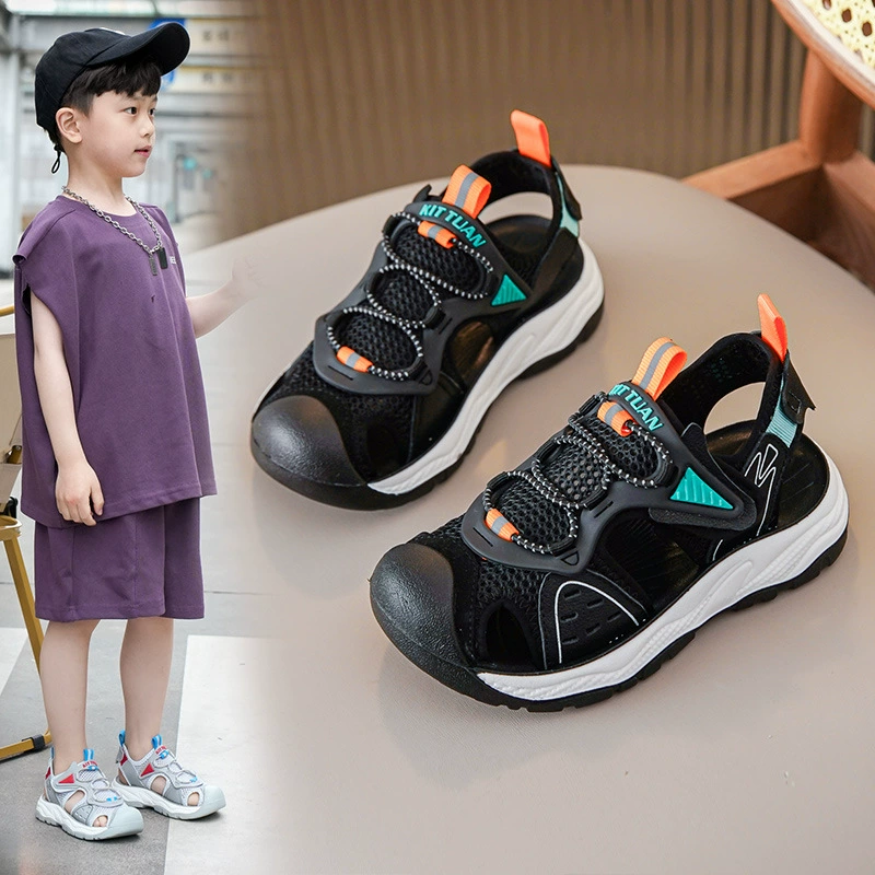 Детские дышащие сандалии для мальчиков, нескользящие, лето 2025, средние и большие размеры, мягкая подошва, закрытые пляжные туфли для мальчиков оптом