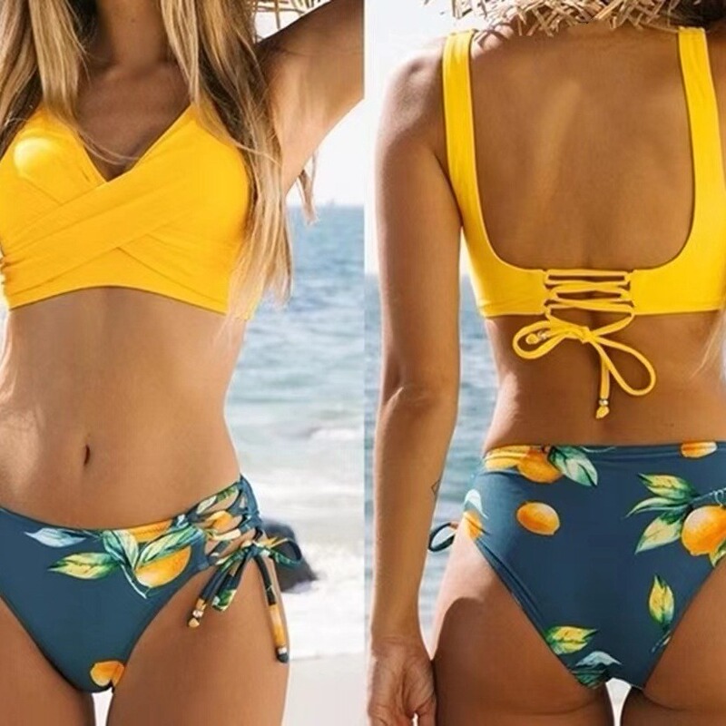 2025 Amazon Aliexpress Bikini European and American Style In-Stock Sexy Yellow Multi-Color Bikini Export Tight-Fitting