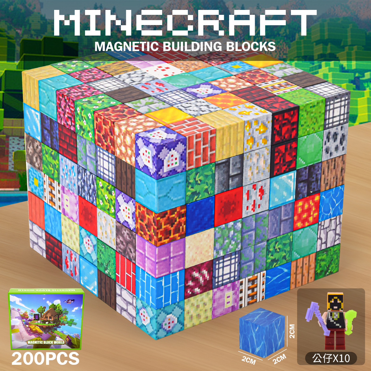 跨境世界磁力方块玩具积木拼装磁铁磁吸玩具随机图案200个彩盒装