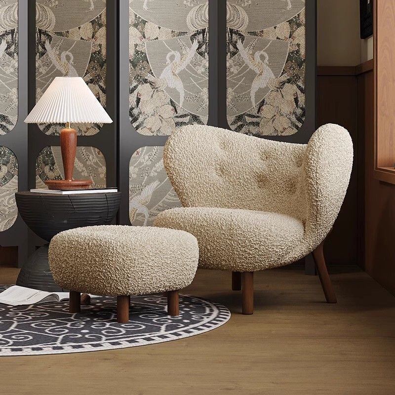 Lambswool Single Sofa Chair Designer Wabi-Sabi Style Solid Wood Small Petra French Leisure Lazy Single Chair Sofa Lambswool Single Sofa Chair Designer Wabi-Sabi Style Solid Wood Small Petra French Leisure Lazy Single Chair Sofa