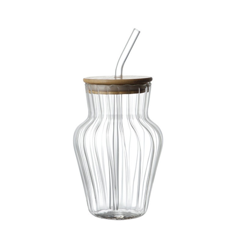 Suministro de tazas de paja de vidrio de alta borosilicona cubierta de madera de bambú tazas de vidrio rayadas tazas de bebida fría tazas de leche ins bebidas frías rojas image 10