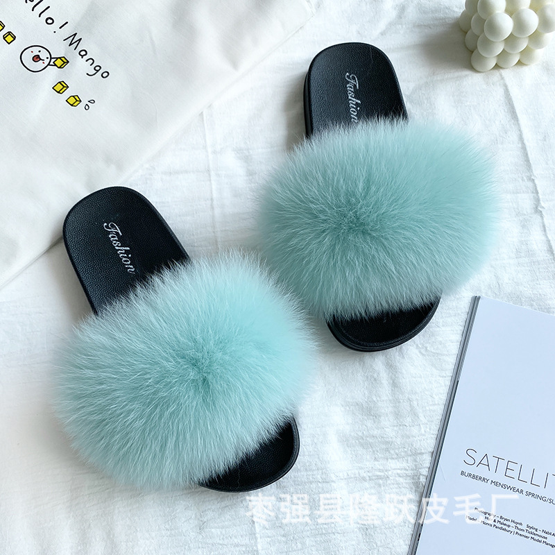 Amazon transfronterizo zapatillas de pelo de zorro real zapatillas de pelo de fondo plano zapatillas de pelo de mujer zapatillas de pelo de verano nuevas exportaciones