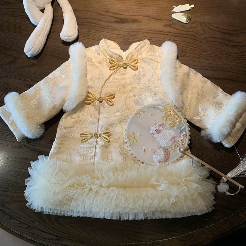 Ropa de Año Nuevo de moda nacional de estilo chino vestido de princesa más vestido de terciopelo grueso vestido de bebés de Año Nuevo vestido chino versátil