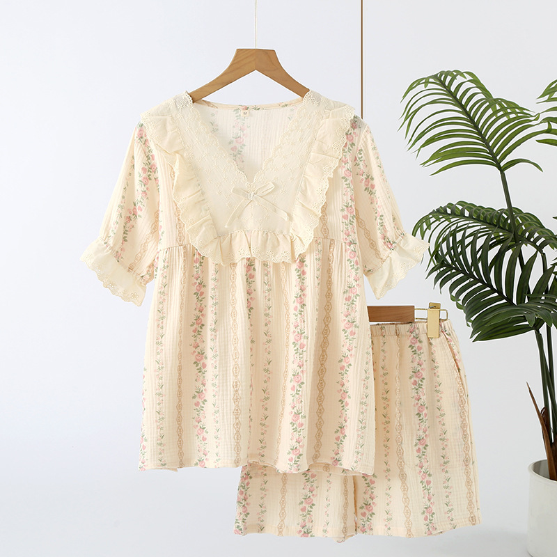 Crepe Pure Cotton Cotton Yarn Crewneck Printed Sweet Age-reducing Women's Summer Short-sleeved Shorts suit Pajamas Home Clothes