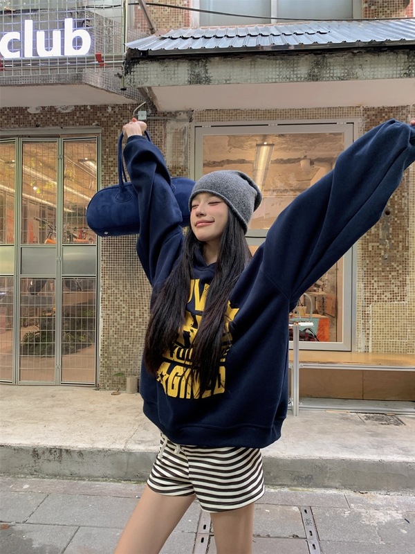 复古慵懒长袖字母印花套头卫衣女秋季新款休闲宽松显瘦连帽上衣潮|undefined