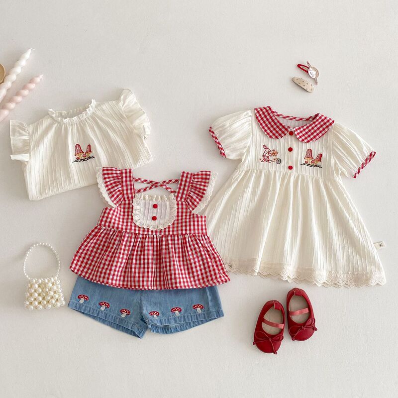 Children's Plaid Dress, Left and Right, Summer Baby Korean Style Summer Dress, Girl's Doll Collar Embroidered Bunny Dress