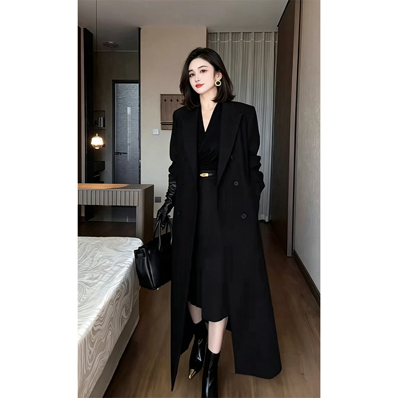 Trendy plus-size women's long coat on Douyin, British style over-the-knee coat for plus-size women AA029