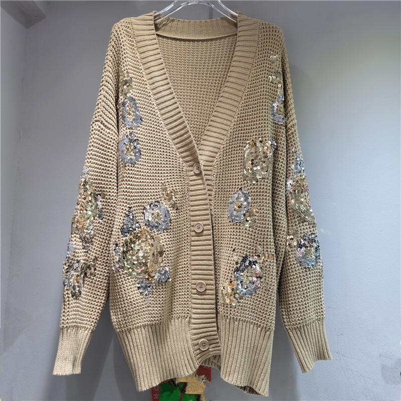 Diseño único de lentejas, cuerpo hermoso y pesado, diseño de flores, chaqueta de punto, cardigan para mujeres.