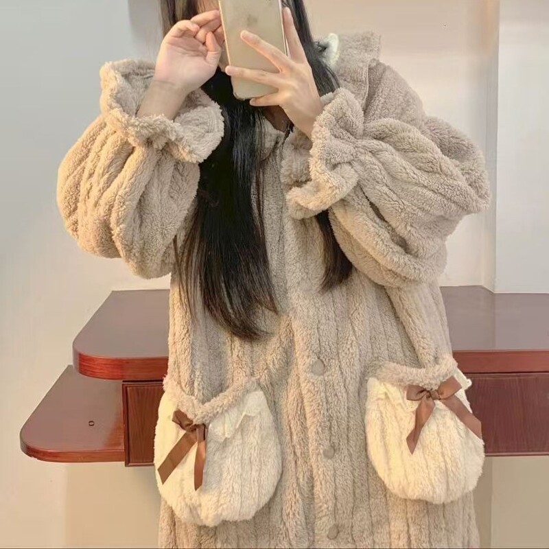 韩版棕色睡衣女冬季新款法兰绒加绒加厚长款连帽睡袍保暖居家服|undefined