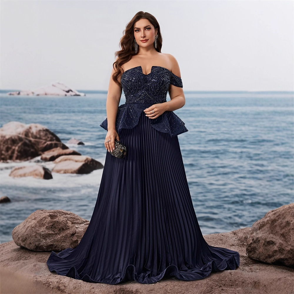 European and American Plus-Size Elegant Sequin Splicing Fitted Strapless Off-Shoulder Cocktail Evening Dress for Moms