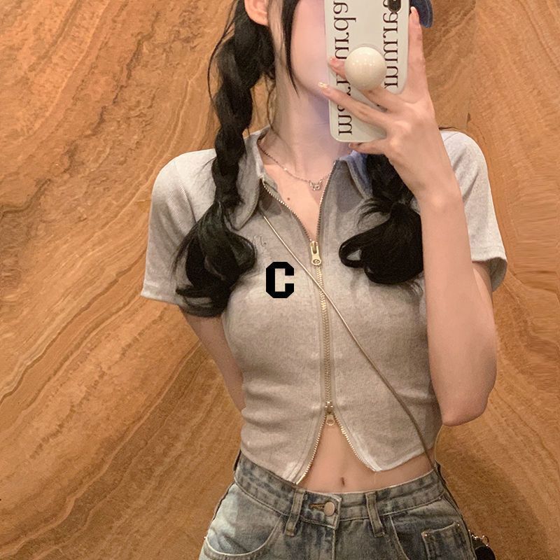 Korean Style Polo Collar Shirt Zipper Short-sleeved T-shirt Women's Short Summer 2024 New Design Sense Niche Ins Top Korean Style Polo Collar Shirt Zipper Short-sleeved T-shirt Women's Short Summer 2024 New Design Sense Niche Ins Top