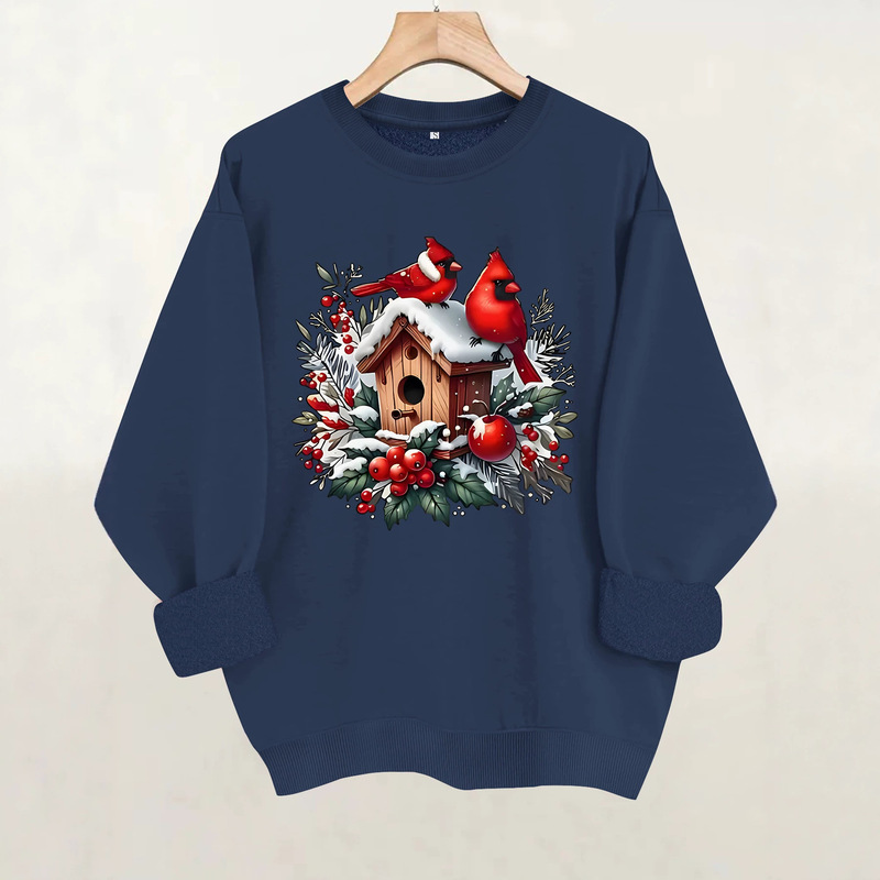 Women's Crew Neck Sweatshirt for Spring and Autumn, Festive Red with Red Bird and Birdhouse Design, Amazon Long Sleeve Fleece Sweatshirt Women's Crew Neck Sweatshirt for Spring and Autumn, Festive Red with Red Bird and Birdhouse Design, Amazon Long Sleeve Fleece Sweatshirt