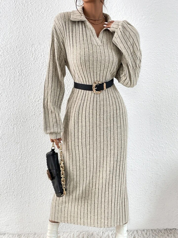 Solid Color Off-Shoulder Slit Thigh Dress (No Belt) Autumn New European and American Long Sleeve Women's Solid Color Autumn and Winter