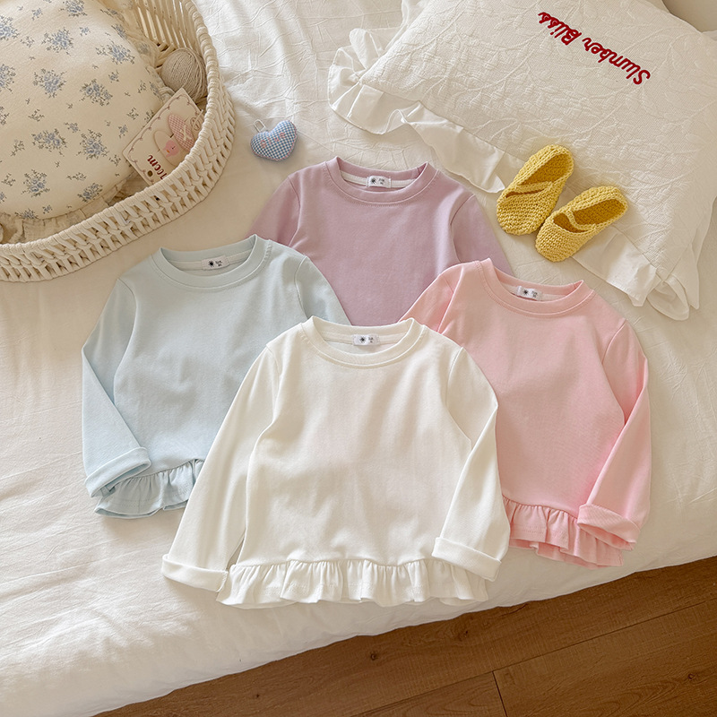 Girls' Solid Color Ruffled Long Sleeve T-Shirt, Spring and Autumn Korean Style Round Neck Base Shirt, Baby Warm Top, Children's Clothing