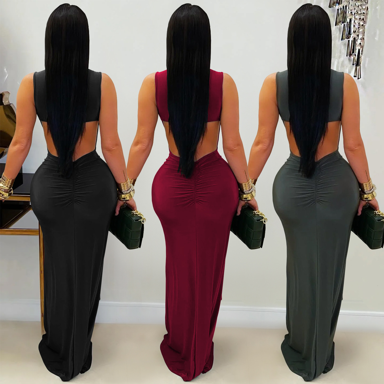 C7600 Aliexpress transfronterizo Amazon Europa y América de moda moda femenina temperamento elegante color sólido delgado vestido de espalda abierta image 3