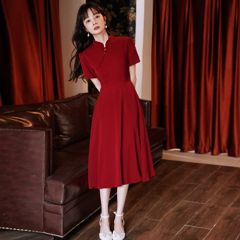 Improved Cheongsam Toast Dress Bride Wedding Red Engagement Dress Dress Women's Petit Back Door Usually Wear