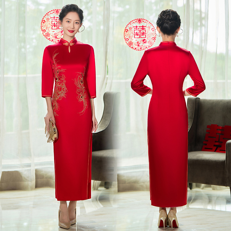 春秋季新品长款醋酸缎重工刺绣镶钻双层妈妈装喜婆婆婚庆礼服旗袍
