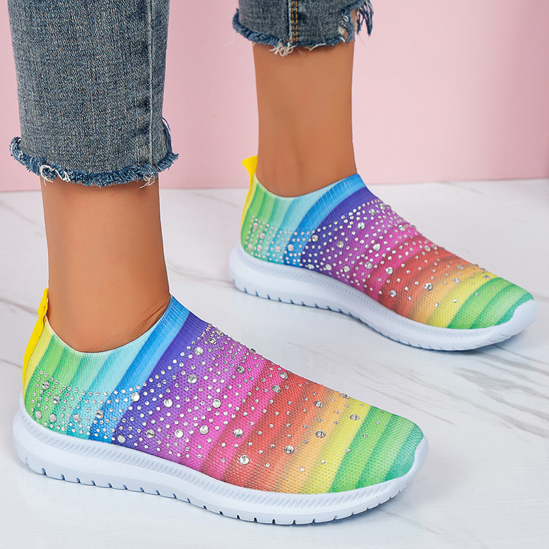 Cross-border large size women's shoes spring new low-top sports casual shoes rhinestone women's shoes rainbow breathable light bottom running shoes