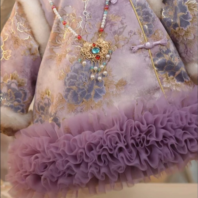 [Ropa morada] Chica redonda estrella infantil invierno más vestido cheongsam acolchado de terciopelo para niños vestido de un año nuevo estilo chino image 4