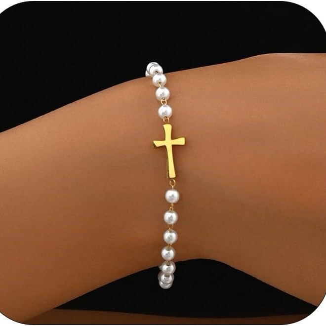Europe and the United States cross-border new imitation pearl beaded cross embellished layered bracelet stainless steel can be folded to wear hand ornaments