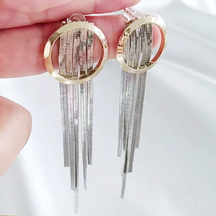European and American New Arrival Earrings Niche Light Luxury Metal Chain Tassel Circle Earrings Gold and Silver Contrast Color Distinctive Two Earrings