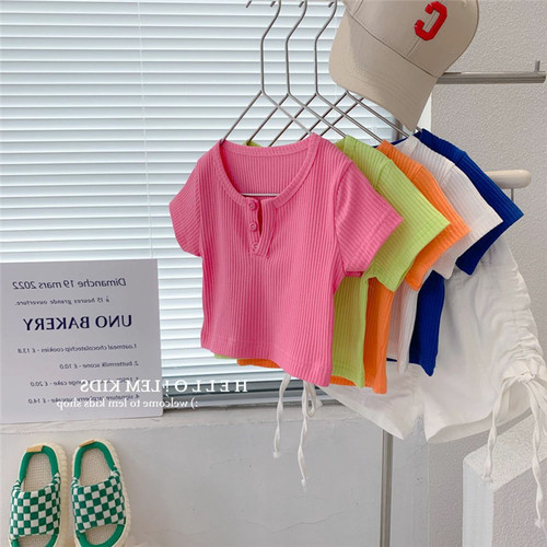 Summer Girls' Clothing Short Sleeve T-Shirt Baby Stylish Children's Personality Trend Brand Korean Version Candy Color Striped Fashion Top
