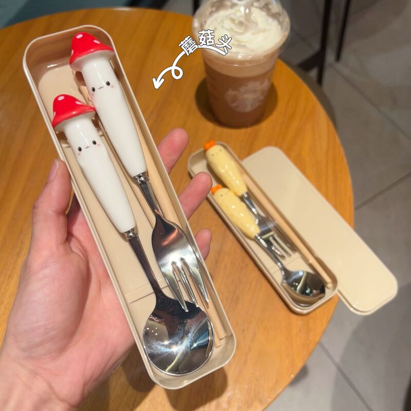 かわいい動物の箸とスプーンセットステンレス鋼学生一人用子供用フォーク食器ポータブル収納ボックス|undefined